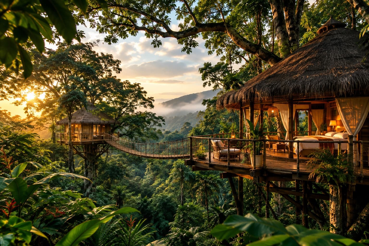 An open-air thatched treehouse suite connected by a rope bridge across a misty tropical valley at sunrise